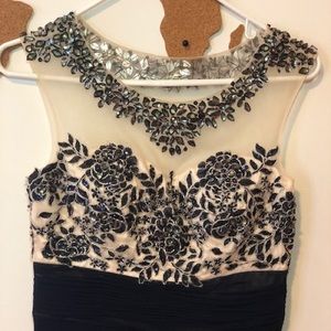 Navy and Cream Chiffon Rhinestone Gown